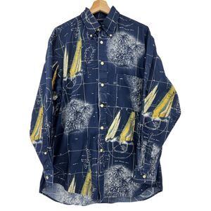 Nautica shirt mens M Sailboat Map Long Sleeve Button Front nautical vintage 90s